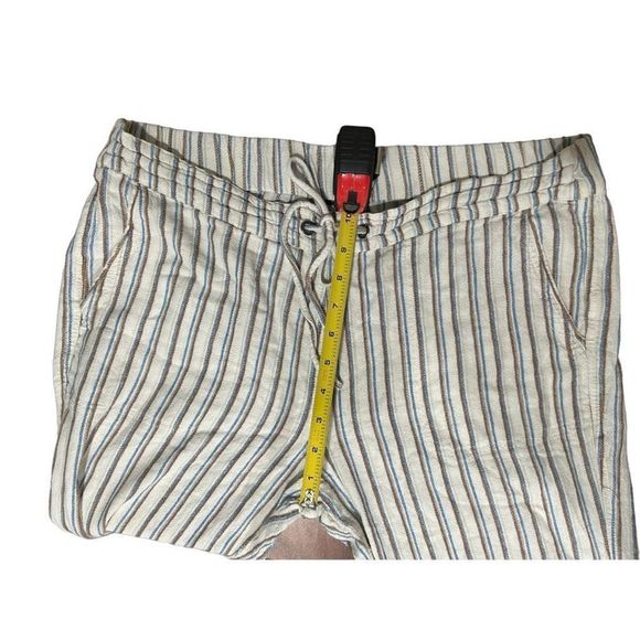 For Cynthia Linen Blend White Blue Tan Striped Pants Large Drawstring Pockets - Picture 9 of 10